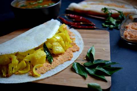 Doux Masala Dosa avec recette de Chutney rouge Recette Indienne Traditionnelle