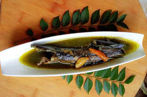Poissons de poisson-chat de style assamais dans la recette de sauce feuille au curry Recette Indienne Traditionnelle